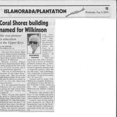 Building at Coral Shores High School Named After "K" Wilkinson