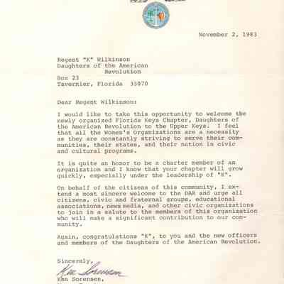 Letter to Katherine "K" Wilkinson from Ken Sorensen, Mayor Monroe County