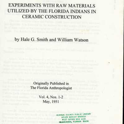 Experiments with Raw Materials Utilized by the Florida Indians in Ceramic Construction
