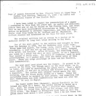 Copy of Francis Tracy's speech on Medicinal Plants - February 18th, 1958