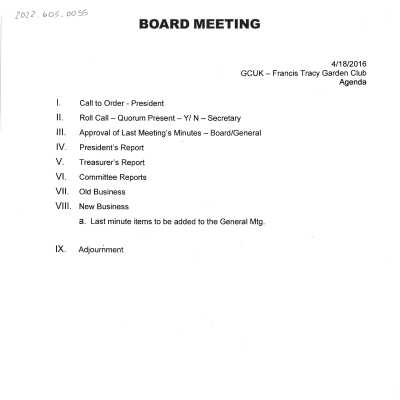 April 2016 Board Meeting Agenda, Sign in Sheet, and Minutes