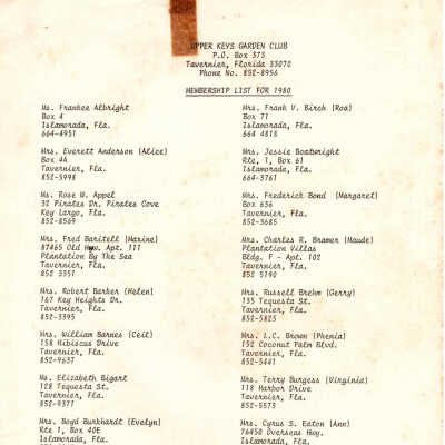 Upper Keys Garden Club Membership List 1980