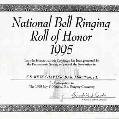 National Bell Ringing Roll Of Honor/ Honor Regent Mrs. Frank C. Stewart, 1995