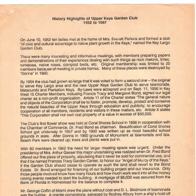 Copy of the "History Highlights of Upper Keys Garden Club 1952 to 1967"