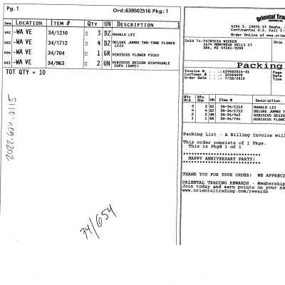 Oriental Trading Receipt
