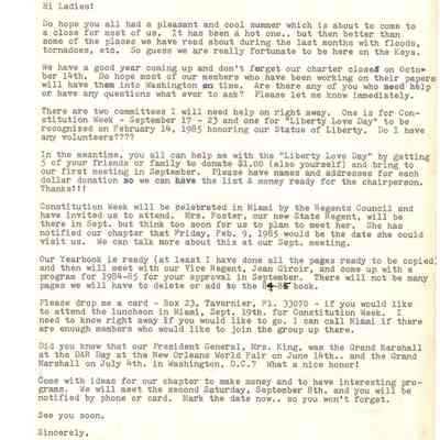Letter Addresses Fellow DAR Ladies, 1984
