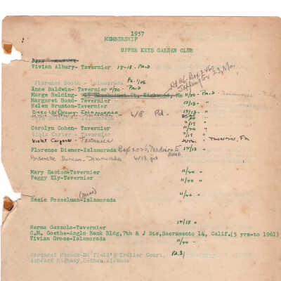 1957 Upper Keys Garden Club Membership List