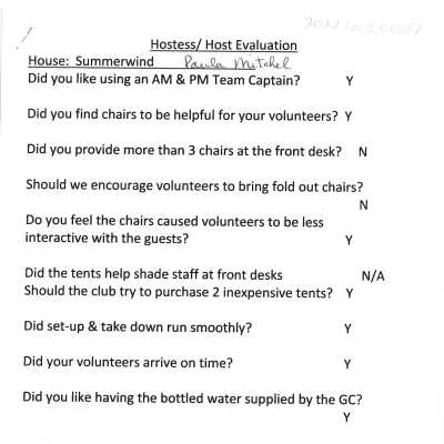 Hostess/Host Evaluation - House: Summerwind