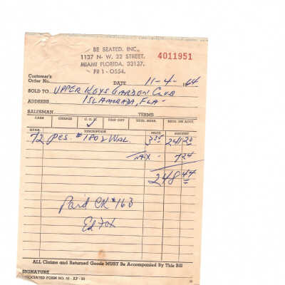 Be Seated Inc. Bill - November 4th, 1964