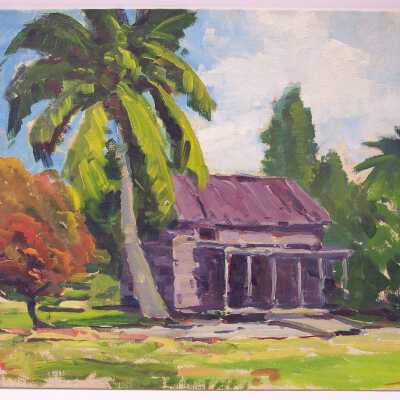 Untitled [house beside tall palm tree]