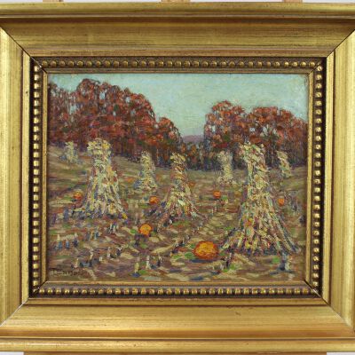Untitled [autumn field with cornstalk stacks and pumpkins]