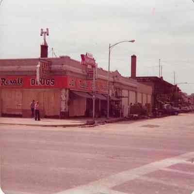 "Joy Rexall Drugs" store with flood damage