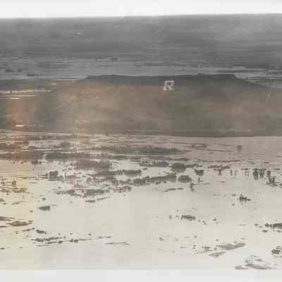 Floodwaters Splitting Around "R" Butte