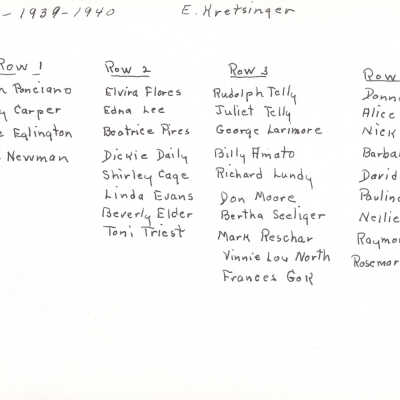 1940 Class 2A - Ethel Kretsinger, teacher, verso, University Avenue School
