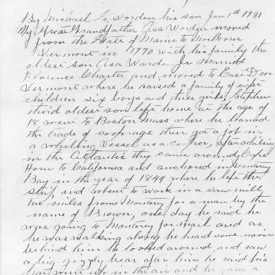 Stephen J. Worden, California Pioneer Original Handwritten Memoir Page 1