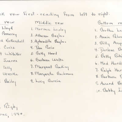 1940 Class 2 - Ruth Rigby, teacher, verso, University Avenue School