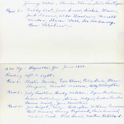 1950 Class Kindergarten P.M. - Zoe Reynolds, teacher, verso, University Avenue School