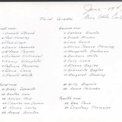 1941 Class 3 - Miss Adela Cooledge, teacher, verso, University Avenue School