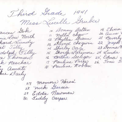1941 Class 3 - Miss Lucille Gruber, teacher, verso, University Avenue School