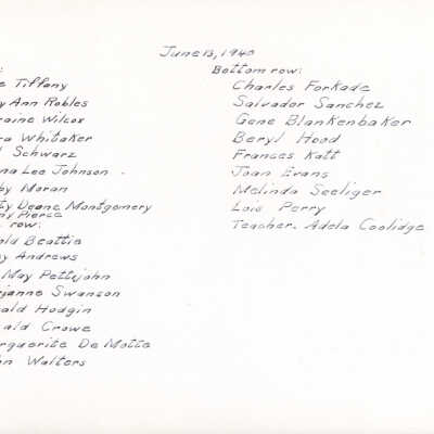 1940 Class 1 - Adela Cooledge, teacher, verso, University Avnue School