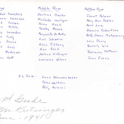 1941 Class 2 - Mrs. Ethel Kretsinger, teacher, verso, University Avenue School