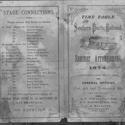 1874 Southern Pacific Railroad Time Table (Cover)