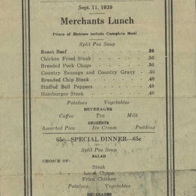 1939 Foothill Cafe Menu