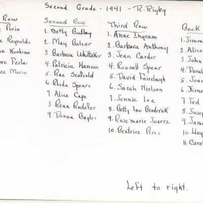 1941 Class 2 - Ruth Rigby, teacher, verso, University Avenue School