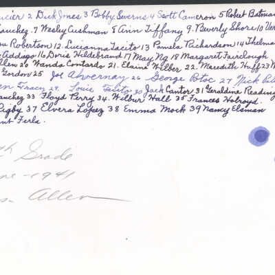 1941 Class 6 - Miss Sallie Allen, teacher, verso, University Avenue School