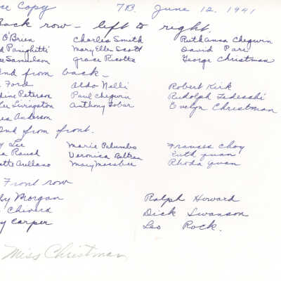 1941 Class 7B - Miss Evelyn Christman, teacher, verso, University Avenue School