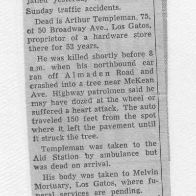 Arthur Wellington Templeman Dies in a Wreck