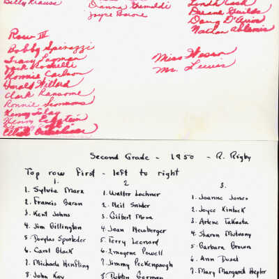1950 Class unidentified - Miss Wesson and Mr. Lewis, teachers, verso, University Avenue School