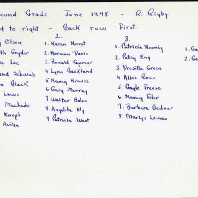 1948 Class 2 - R. Rigby, teacher, verso, University Avenue School