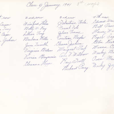 1941 Class Kindergarten - Mary Lois Powell, teacher, verso, University Avenue School