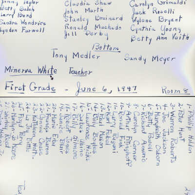 1947 Class 1 - Minerva White, teacher, verso, University Avenue School