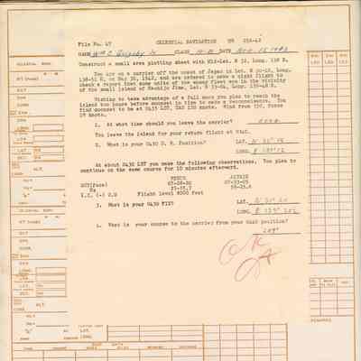 The image portrays a detailed celestial navigation worksheet dated October 15, 1943. The document, labeled "File No. 47", is used to plan and execute a night flight over a specific area near Japan, identifying celestial bodies and plotting courses. It includes navigational computations, specific observations, coordinates like latitude and longitude, and instructions for observations using celestial bodies such as Venus and Altair. The sheet helps the navigator to determine and adjust their route effectively during the flight mission.