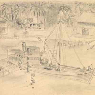 Sketch of a fishing boat in port.