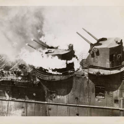 View of the USS Franklin (CV-13)'s Five-Inch Guns Following Attack