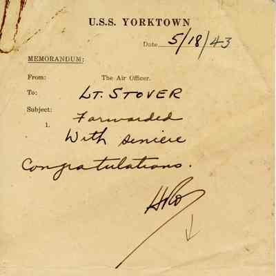 Elisha "Smokey" Stover Receiving a Congratulatory Memorandum Dated May 18, 1943