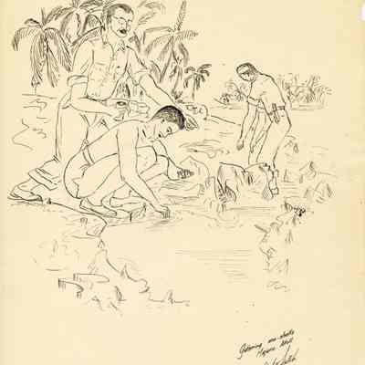 Sketch of sailors gathering shells on Majuro Atoll.