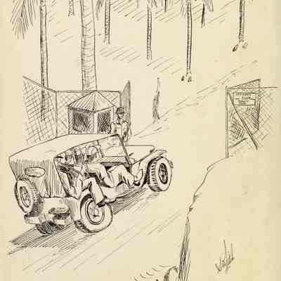 Sketch of a jeep heading towards an officer's club.