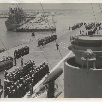 USS Yorktown's Crew at Flight Deck Parade as They Leave Port