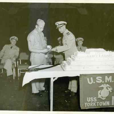 The United States Marines aboard the USS Yorktown (CVA-10) celebrate the Marine Corps' birthday.