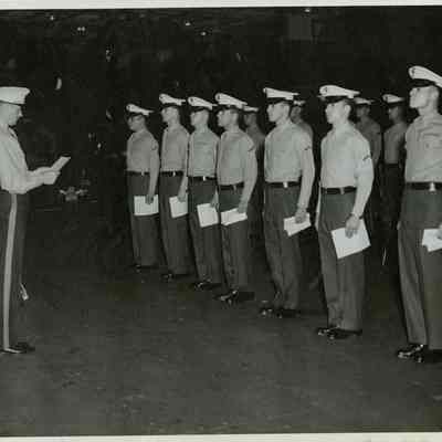 Marines assembled on the hangar deck.