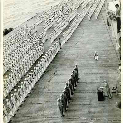 View of the flight deck as Captain McKechnie was relieved of command of the USS Yorktown (CVA-10).