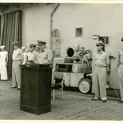 Captain Gerald Huff taking command of the USS Yorktown (CVA-10).