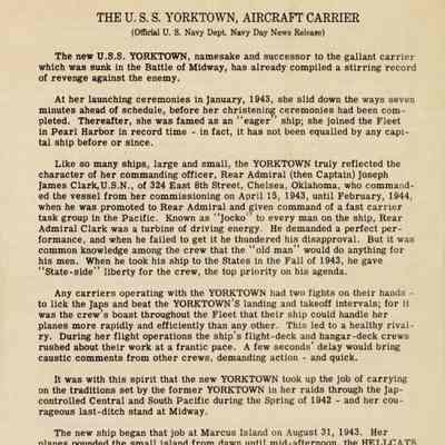 Official US Navy Department Press Release on the History of the USS Yorktown (CV-10)