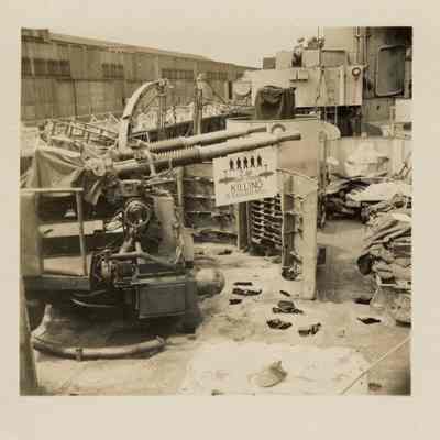The Starboard side view of one of the Laffey's 40 MM Bofors anti-aircraft guns.