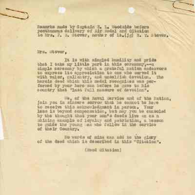 A Copy of the Remarks Made by Captain E. L. Woodside as he Posthumously Delivered Elisha "Smokey" Stover's Air Medal.