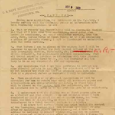 United States Navy Application Statement for Samuel Wingrove